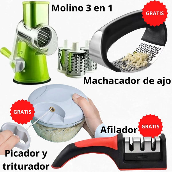 Equipa Tu Cocina al Instante: Molino de Verduras + Regalos; Afilador de Cuchillos, Procesador manual y Machacador de Ajo